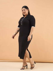 Women Black Rib Polo Neck Side Slit Midi Dress