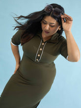Women Olive Rib Polo Neck Side Slit Midi Dress