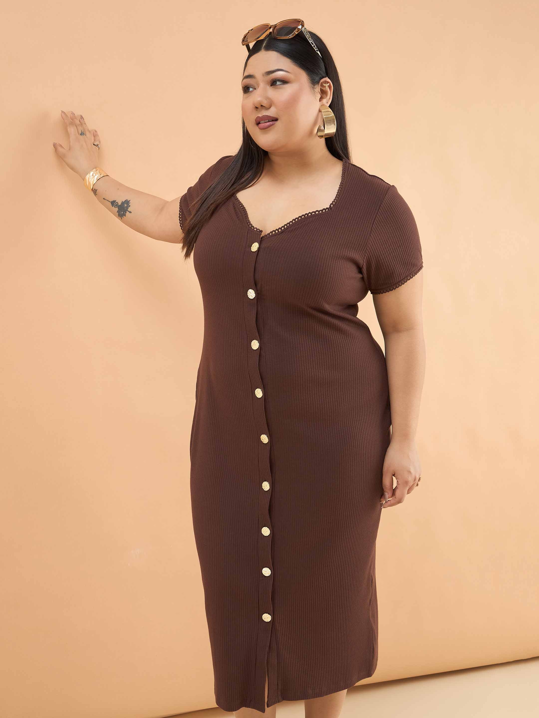 Women Brown Rib Button Down Midi Dress