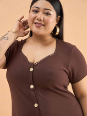 Women Brown Rib Button Down Midi Dress