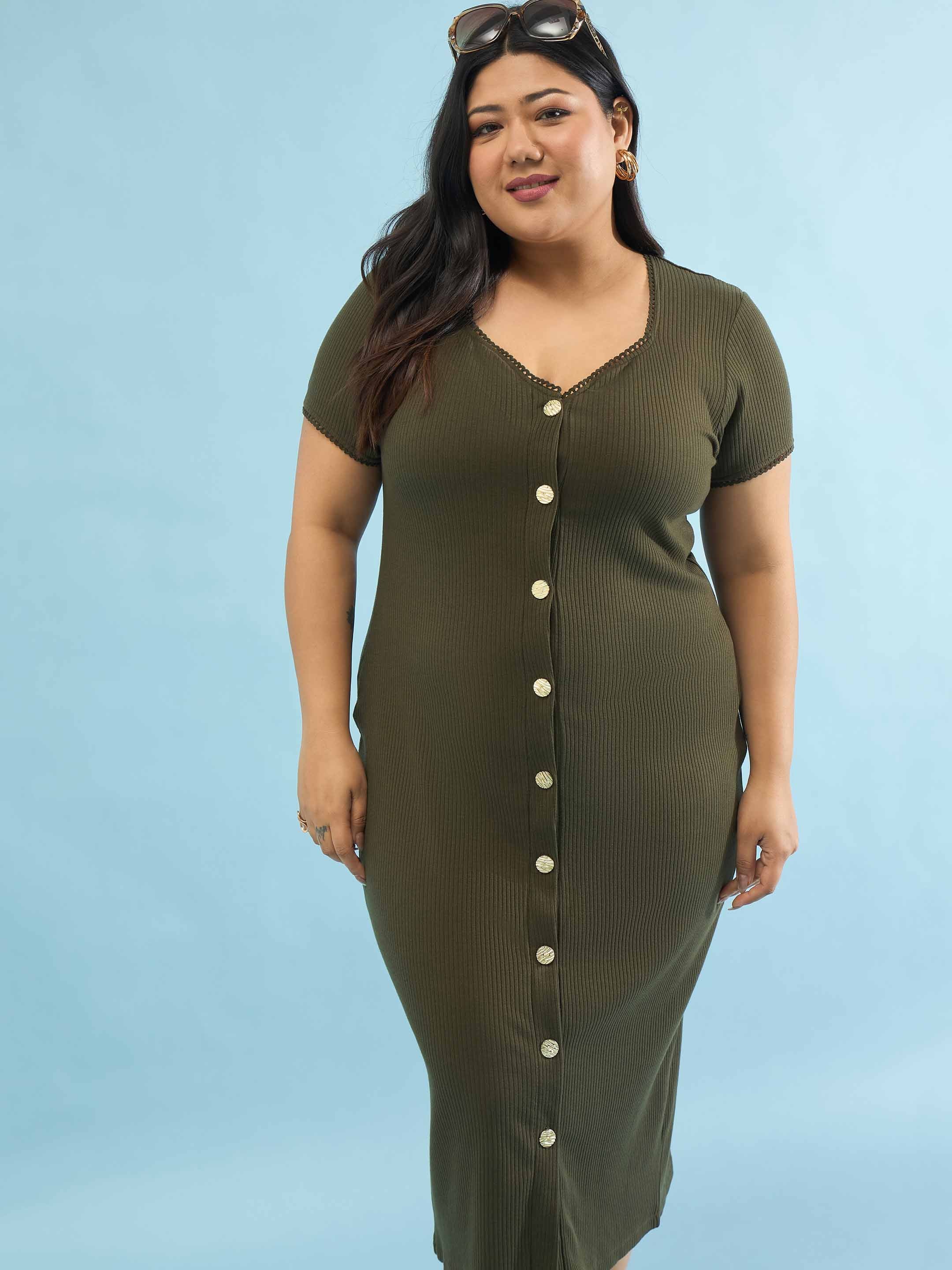 Women Olive Rib Button Down Midi Dress