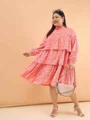 Women Peach Ditsy Floral Pleated Skater Tiered Dress