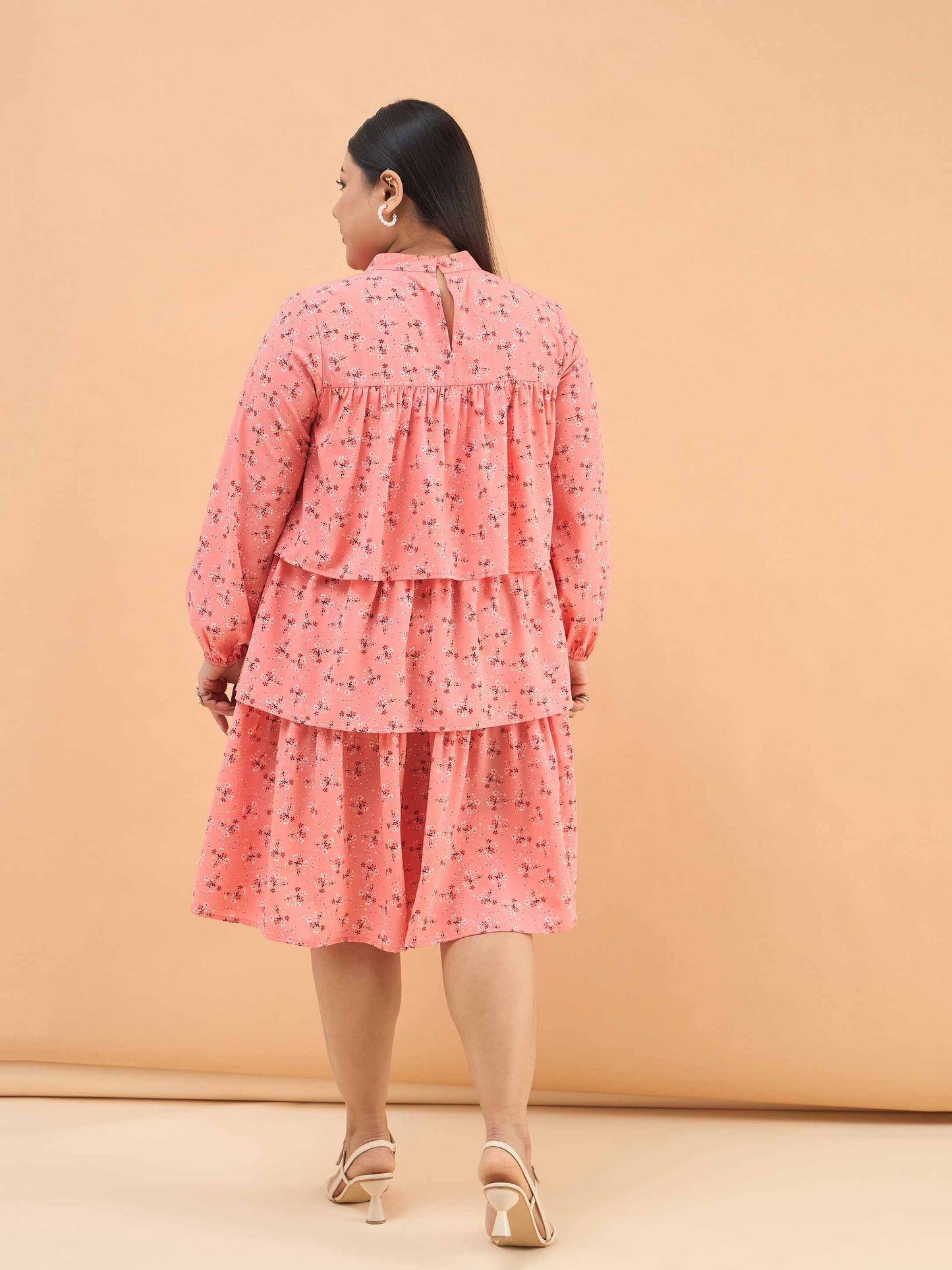Women Peach Ditsy Floral Pleated Skater Tiered Dress