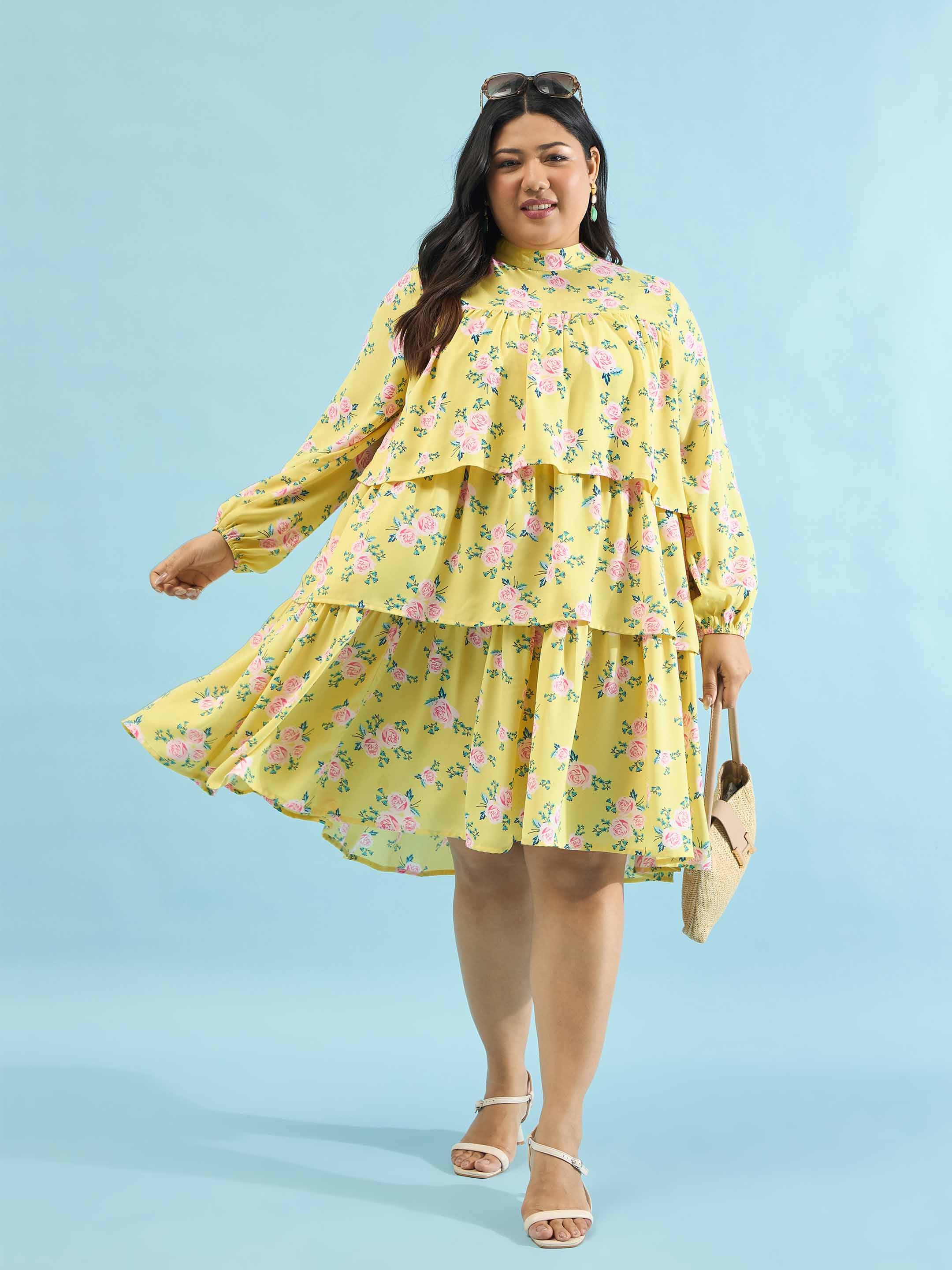 Women Yellow Floral Skater Tiered Dress