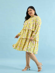 Women Yellow Floral Skater Tiered Dress