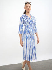 Women Blue Linen Striped Double Breasted Blazer Dress