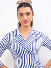 Women Blue Linen Striped Double Breasted Blazer Dress