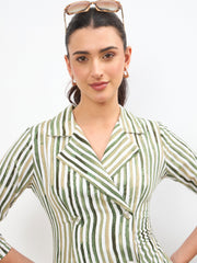 Women Green Linen Striped Double Breasted Blazer Dress