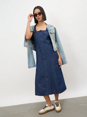 Women Navy Strappy Button Down A-Line Midi Dress