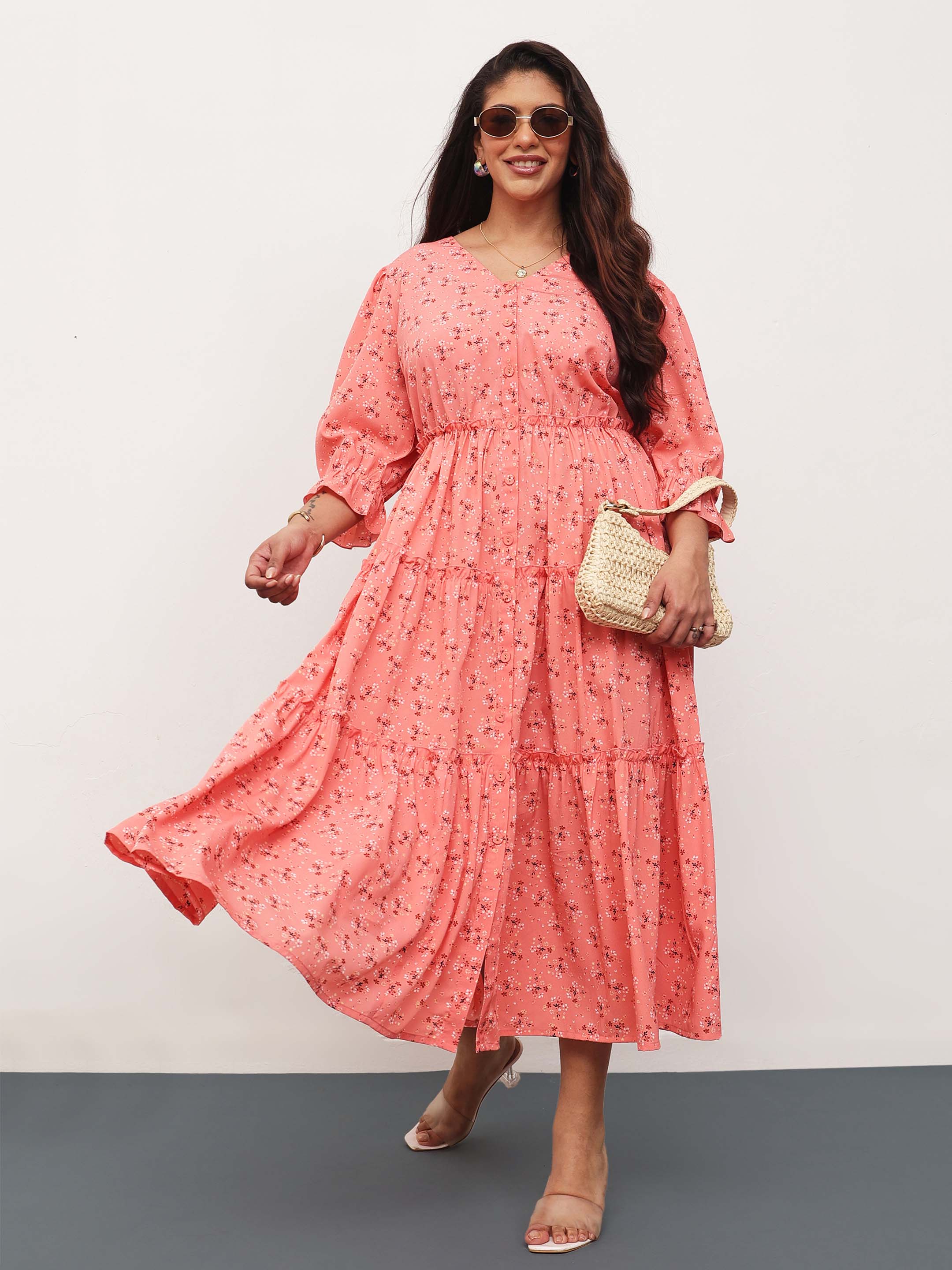 Women Peach Ditsy Floral Front Button Down Tiered Maxi Dress