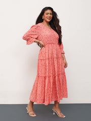Women Peach Ditsy Floral Front Button Down Tiered Maxi Dress