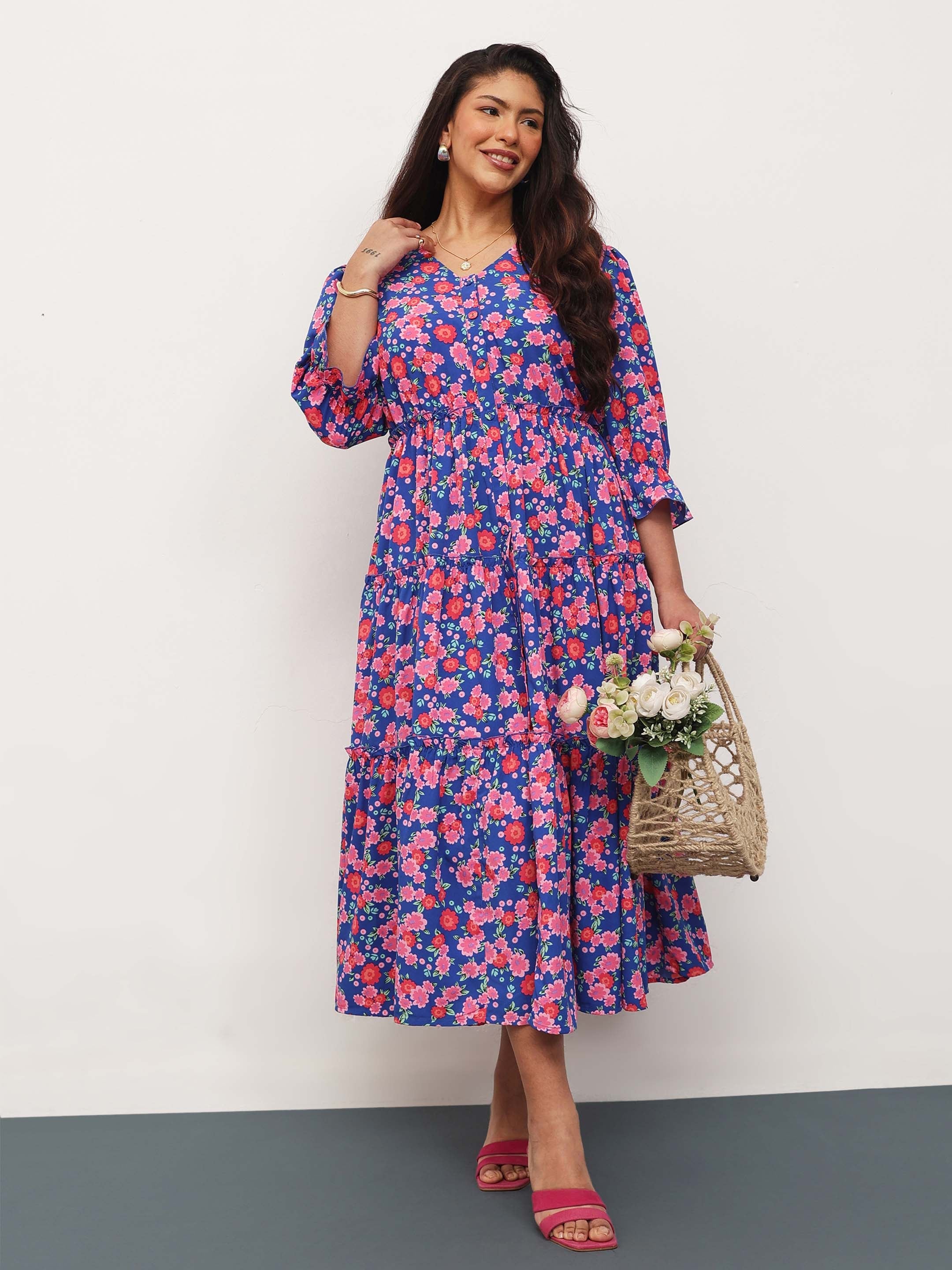 Women Blue & Pink Floral Front Button Down Tiered Maxi Dress