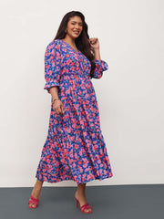 Women Blue & Pink Floral Front Button Down Tiered Maxi Dress