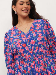 Women Blue & Pink Floral Front Button Down Tiered Maxi Dress