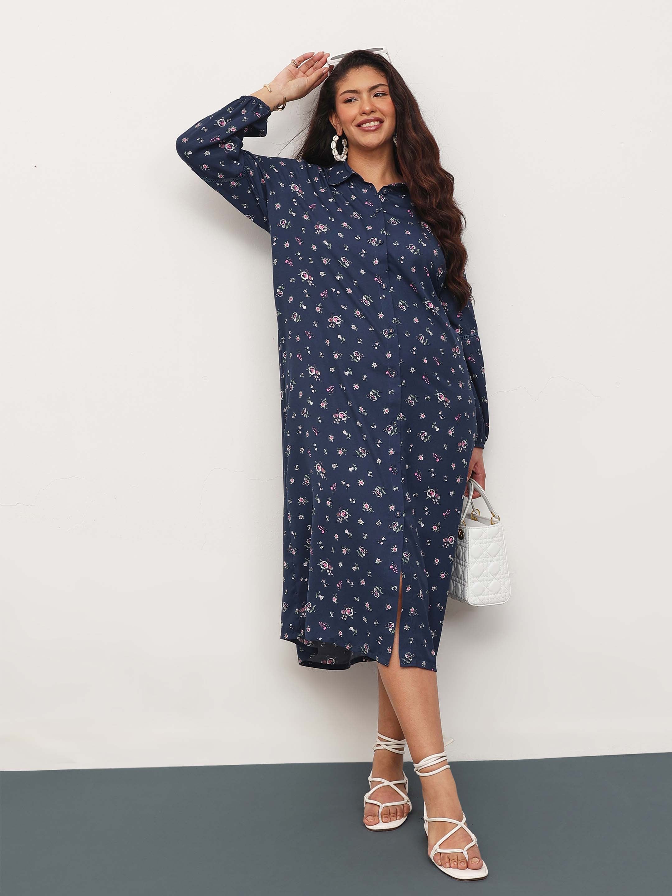 Women Navy Ditsy Floral Longline Shirt Dress