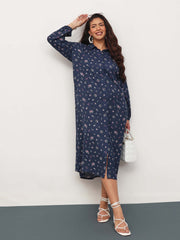 Women Navy Ditsy Floral Longline Shirt Dress