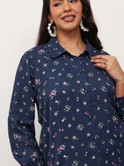 Women Navy Ditsy Floral Longline Shirt Dress