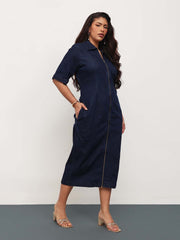 Women Navy Blue Denim Front Zipper Bodycon Midi Dress