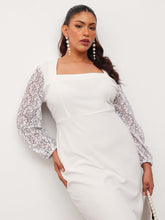 Women White Square Neck Lace Sleeves Bodycon Midi Dress