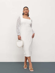 Women White Square Neck Lace Sleeves Bodycon Midi Dress