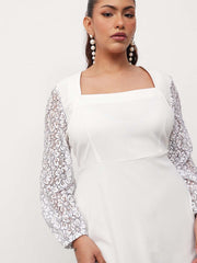 Women White Square Neck Lace Sleeves Bodycon Midi Dress