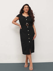 Women Black Button Down Belted Bodycon Midi Dress