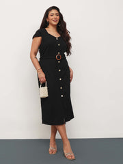 Women Black Button Down Belted Bodycon Midi Dress