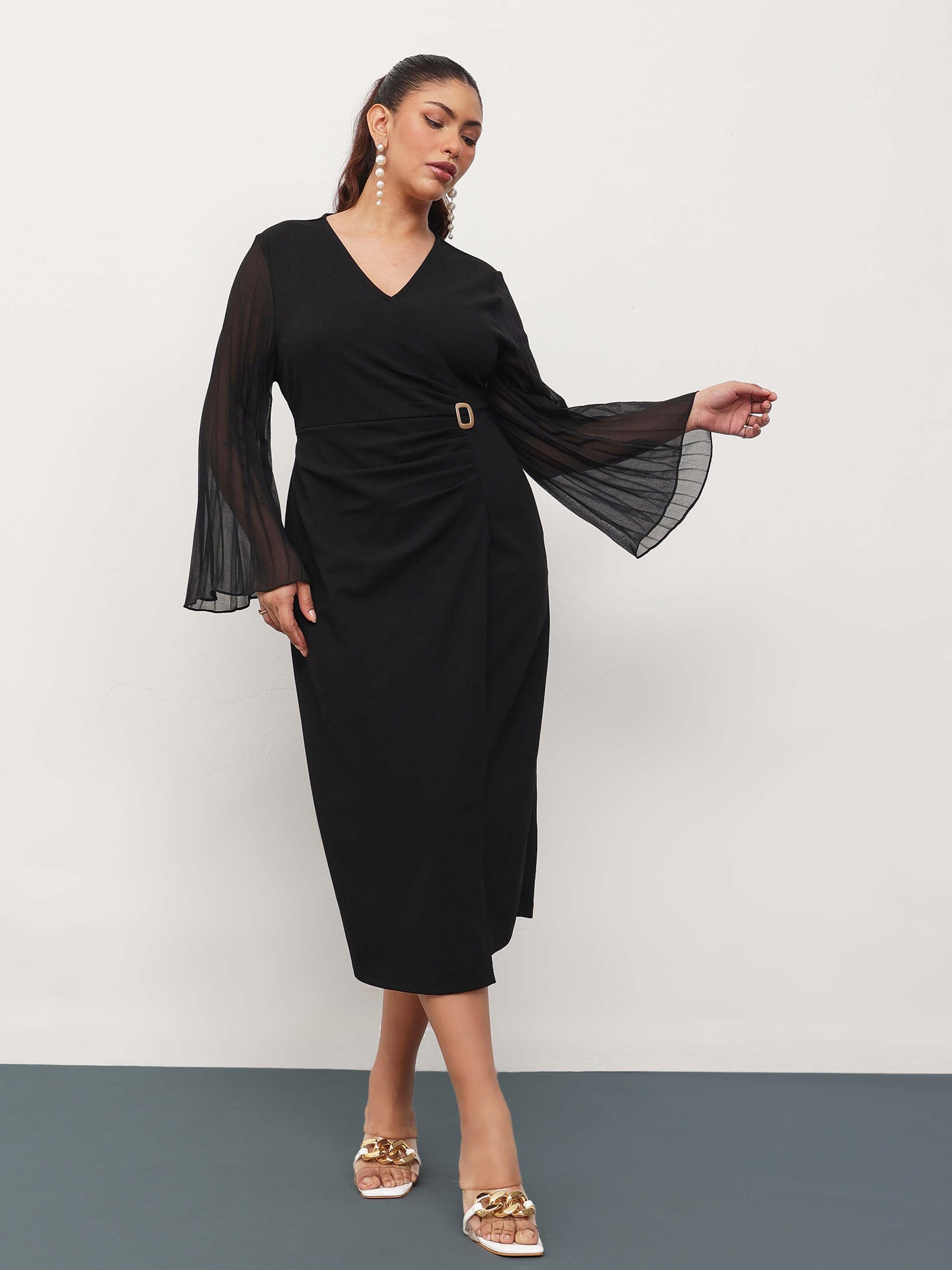 Women Black Pleated Sleeves Side Ruched Midi Dress
