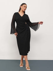 Women Black Pleated Sleeves Side Ruched Midi Dress