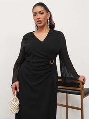 Women Black Pleated Sleeves Side Ruched Midi Dress