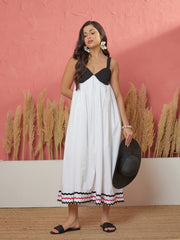 Women White & Black Ric Rac Lace Strappy Back-Tie Midi Dress