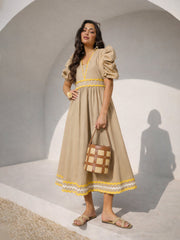 Women Beige Ric Rac Lace A-Line Midi Dress