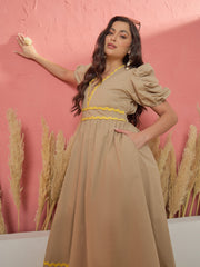 Women Beige Ric Rac Lace A-Line Midi Dress