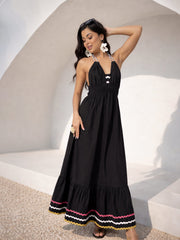 Women Black Ric Rac Lace Strappy Flared Hem Maxi Dress