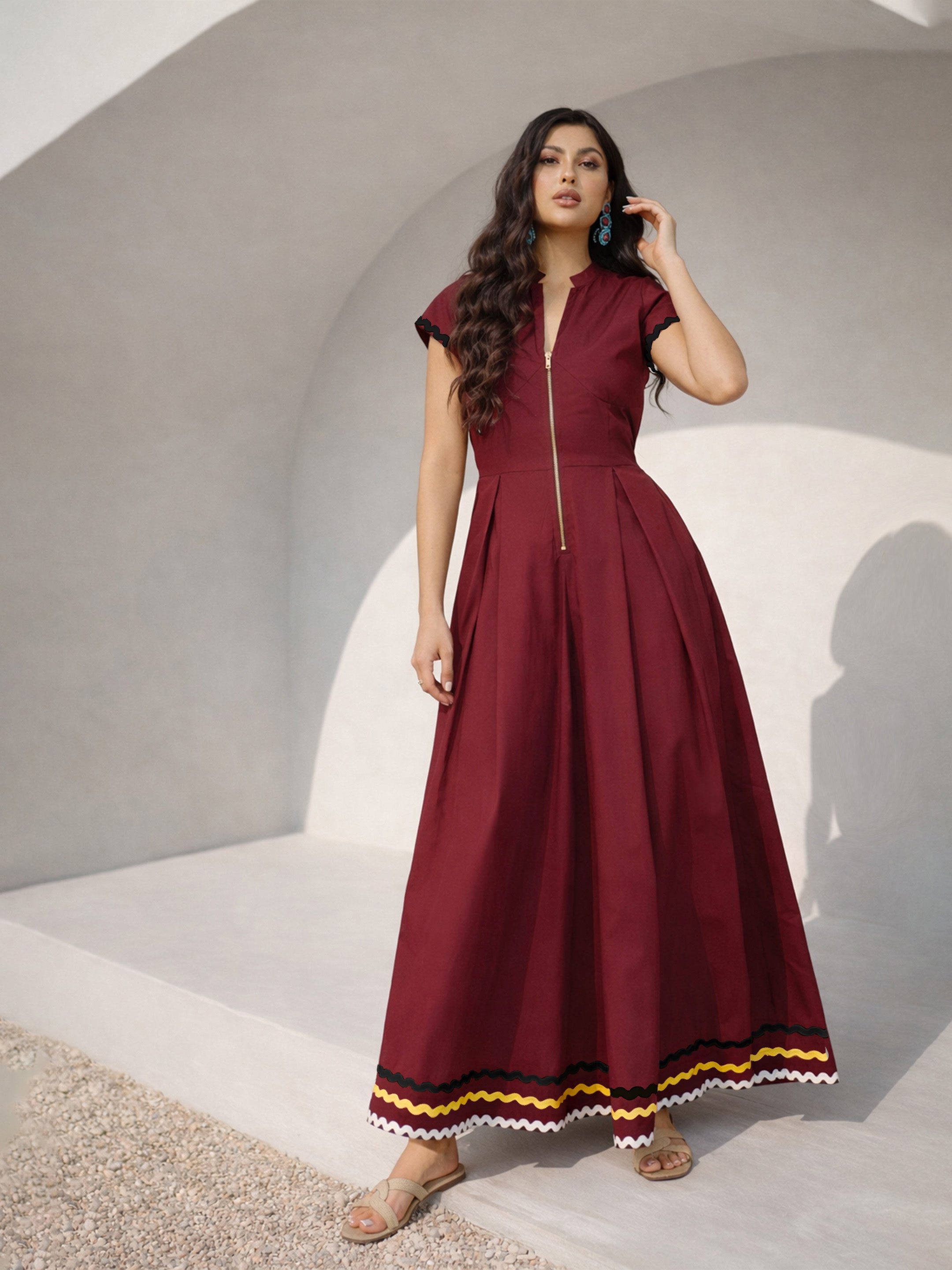 Women Maroon Ric Rac Lace Front Zipper A-Line Maxi Dress