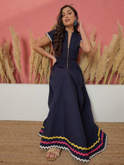 Women Navy Ric Rac Lace Front Zipper A-Line Maxi Dress