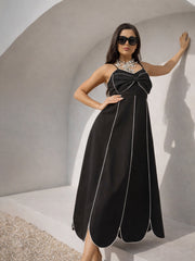 Women Black Twill Front Bow Strappy Midi Dress