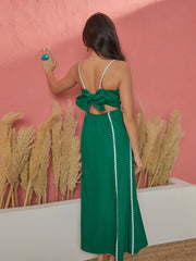 Women Green Ric Rac Lace Back Tie Strappy A-Line Midi Dress