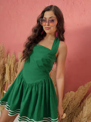 Women Green Ric Rac Low Waist Halter Neck Short Dress