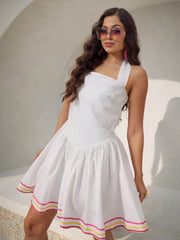 Women White Ric Rac Low Waist Halter Neck Short Dress