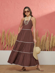 Women Brown Ric Rac Lace Back Less Tiered Maxi Dress