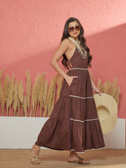 Women Brown Ric Rac Lace Back Less Tiered Maxi Dress
