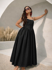Women Black Ric Rac Low Waist Strappy Midi Dress