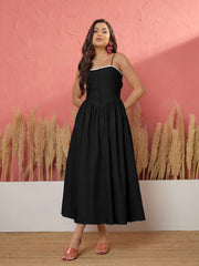 Women Black Ric Rac Low Waist Strappy Midi Dress