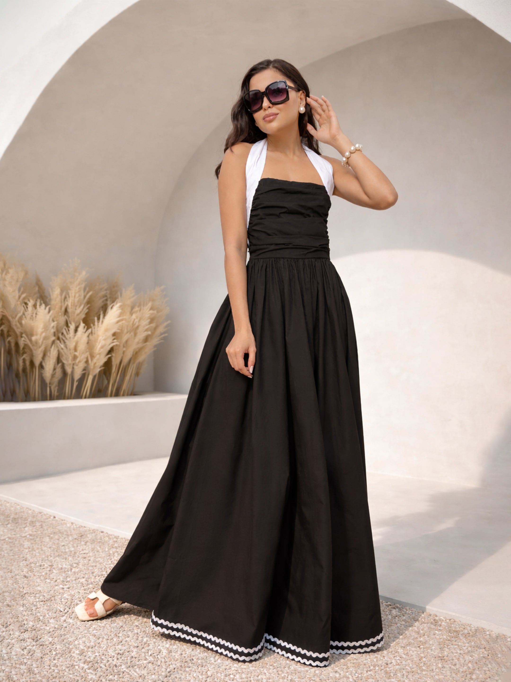 Women Black Ric Rac Contrast Back Tie Gathered Maxi Dress