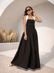 Women Black Ric Rac Contrast Back Tie Gathered Maxi Dress