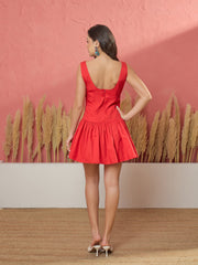 Women Red Low Waist Front Button Loop Short Dress