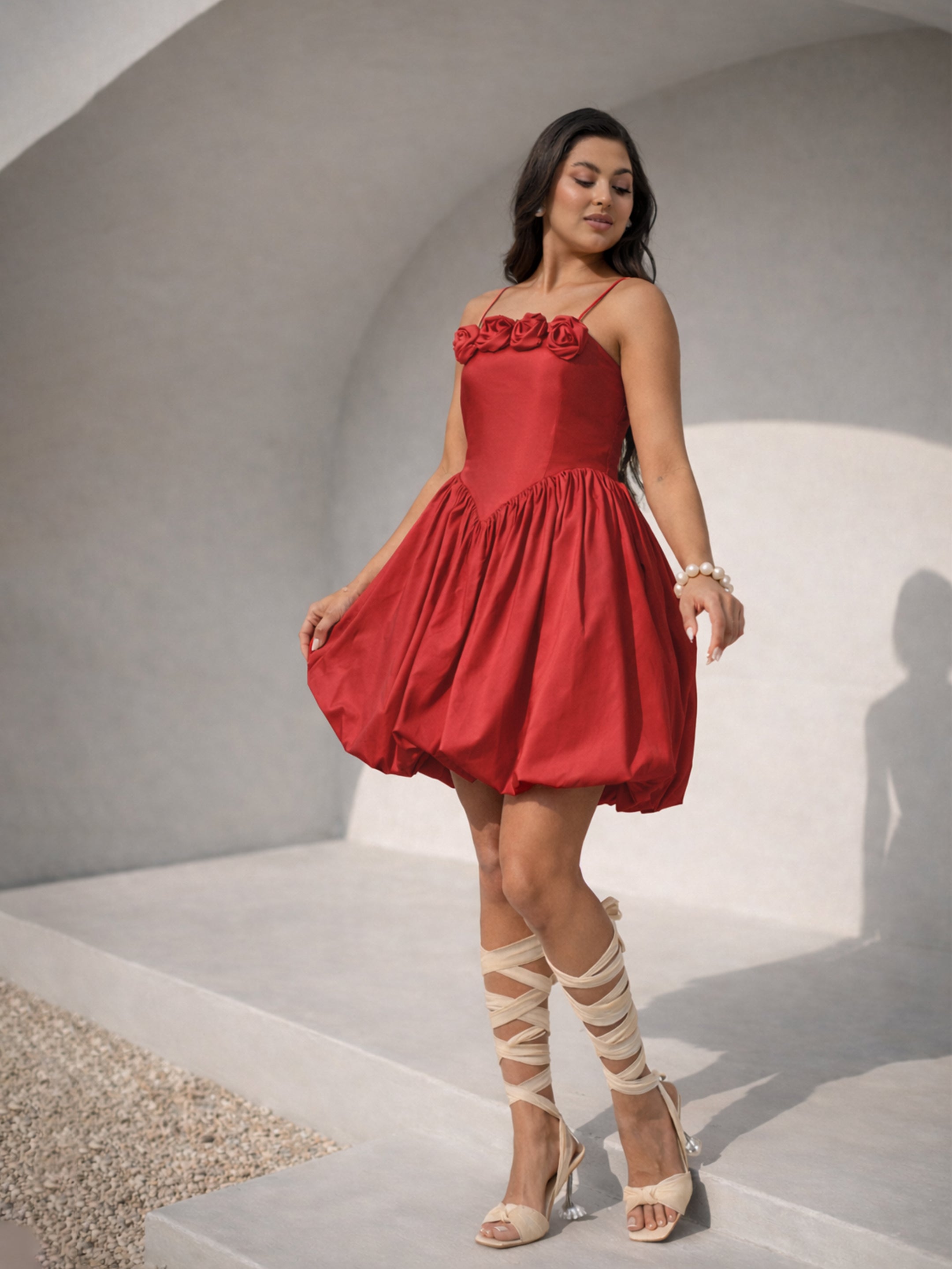 Women Red Front Corsage Low Waist Balloon Short Dress