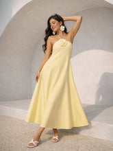 Women Yellow Front Corsage Halter Neck A-Line Midi Dress