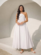 Women White Front Corsage Halter Neck A-Line Midi Dress